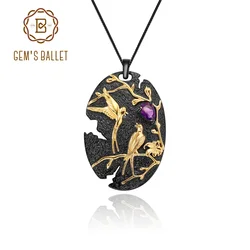 GEM'S BALLET 925 Sterling Silver Art Jewelry Handmade Loving Bird Tree Branch Nature Amethyst Woman Statement Pendant Necklace