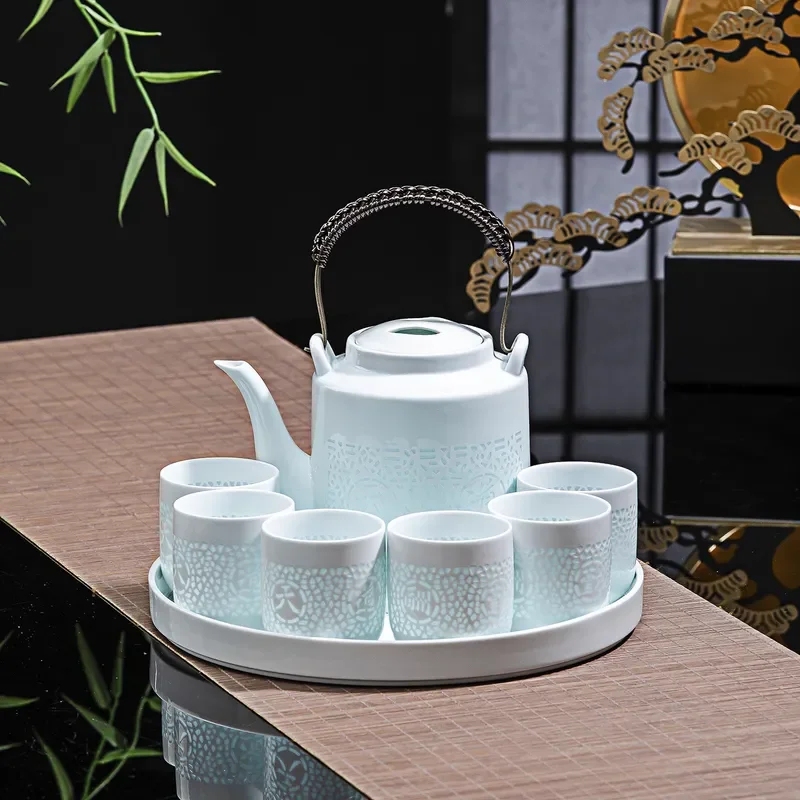 Jingdezhen Porcelain Kung Fu Tea Set Gaobaini Linglong Ceramic Teapot and Cups Traditional Chinese Style Gift for Home Office