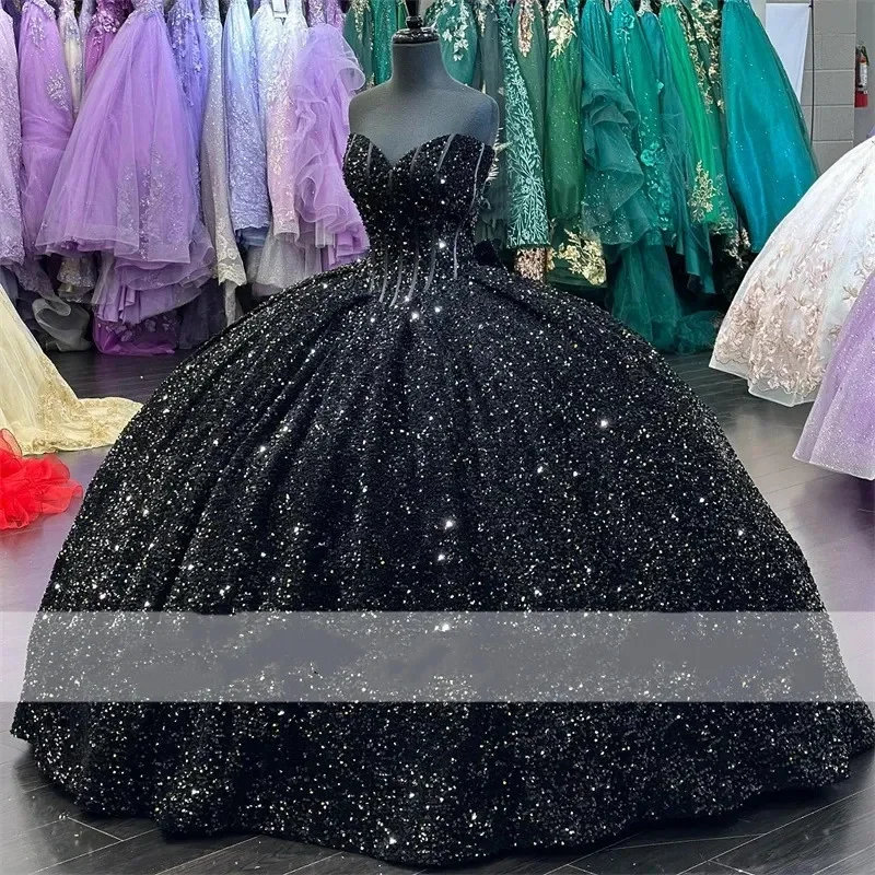 ANGELSBRIDEP Glitter Black Ball Gown Princess Quinceanera Dress Sequins Applique Beaded Sweet 16 Party Vestidos De 15 Anos 2024