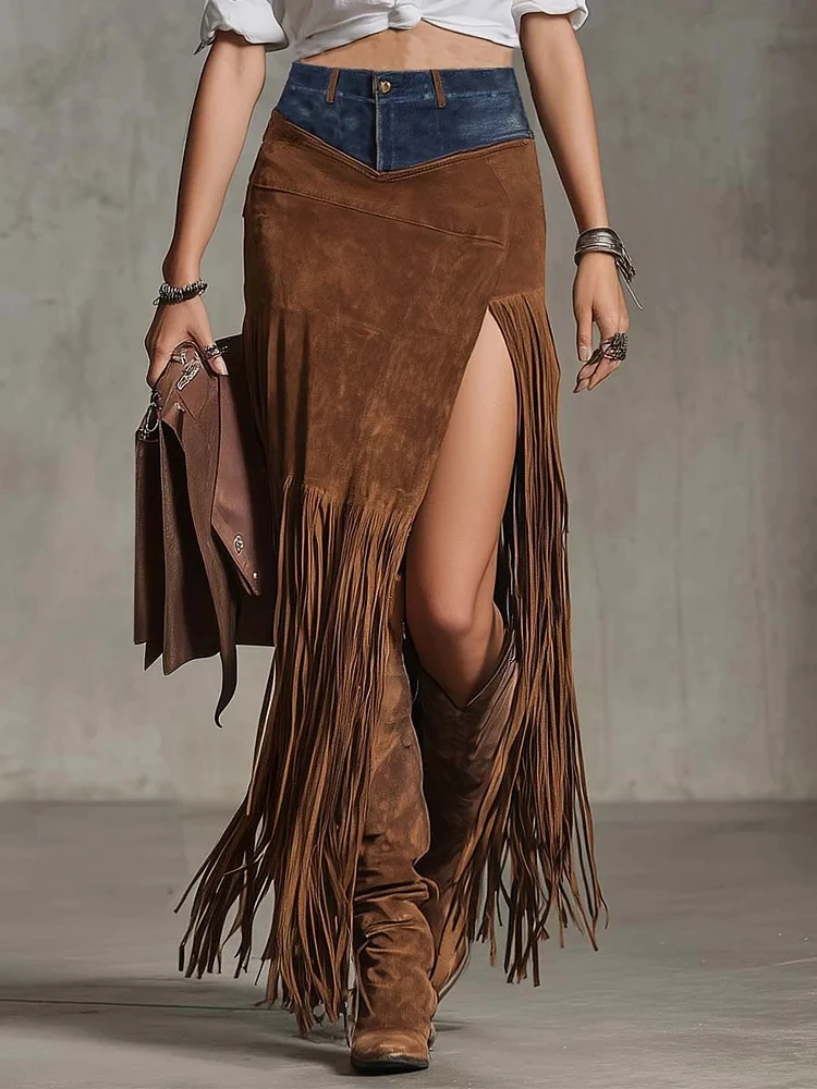 

Vintage Tassel Women's Skirt Suede Spliced Denim High Asymmetric Hem Casual High Street Autumn Fashion Female Split Skirts
