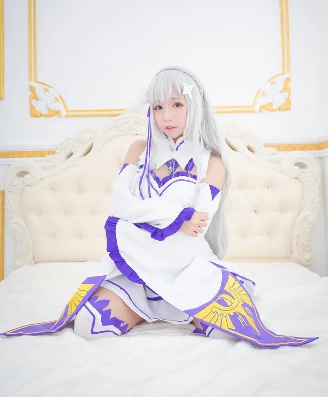 Re Zero Anime Cosplay Fantasias Femininas, Kara Hajimeru, Isekai, Seikatsu, Emília, Peruca, Vestido, Cocar, Conjunto completo, Roupas de Festa de Halloween