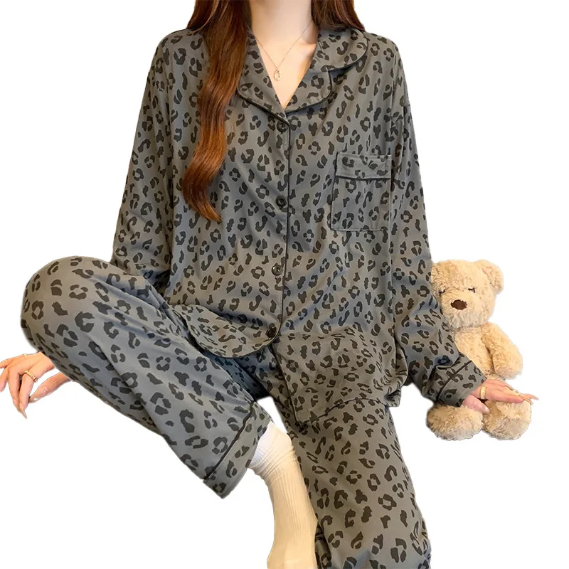 Korean-Style Grey Leopard Print Pyjamas for Women Spring New Arrival Minimalist Cotton-Like Long-Sleeved Cardigan Loungewear Set image 5
