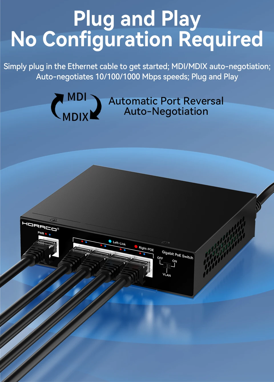 HORACO 5-Port POE Switch Gigabit 1000Mbps Aktiver POE Netzwerk-Switch für IP-Kamera, NVR, Überwachung, CCTV, POE-Kamera – Detail 2