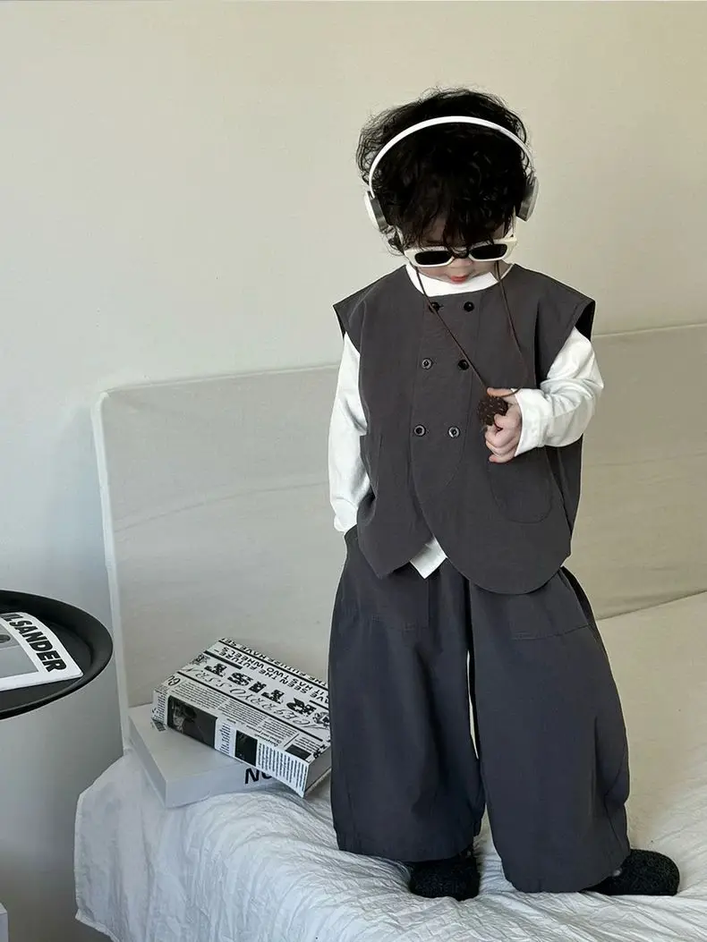 Autumn Fashion Baby Boys Waistcoat Gray Vest+Tshirts+Loose Pants 3pcs Children Set Casual  Streetwear Handsome Suit