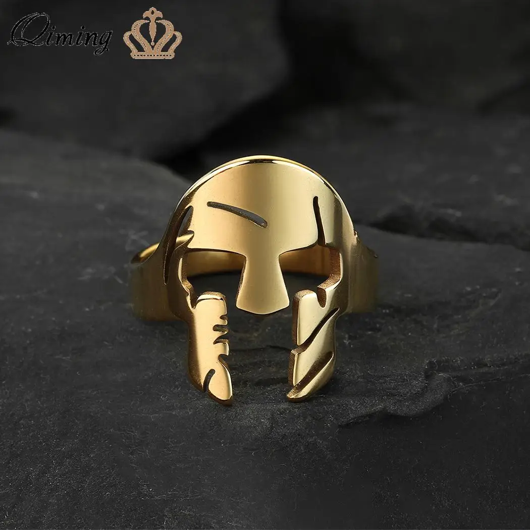 QIMING Stainless Steel Spartan Helmet Ring For Men Women Vintage Ancient Greek Warrior Symbol Finger Rings Bague Gift