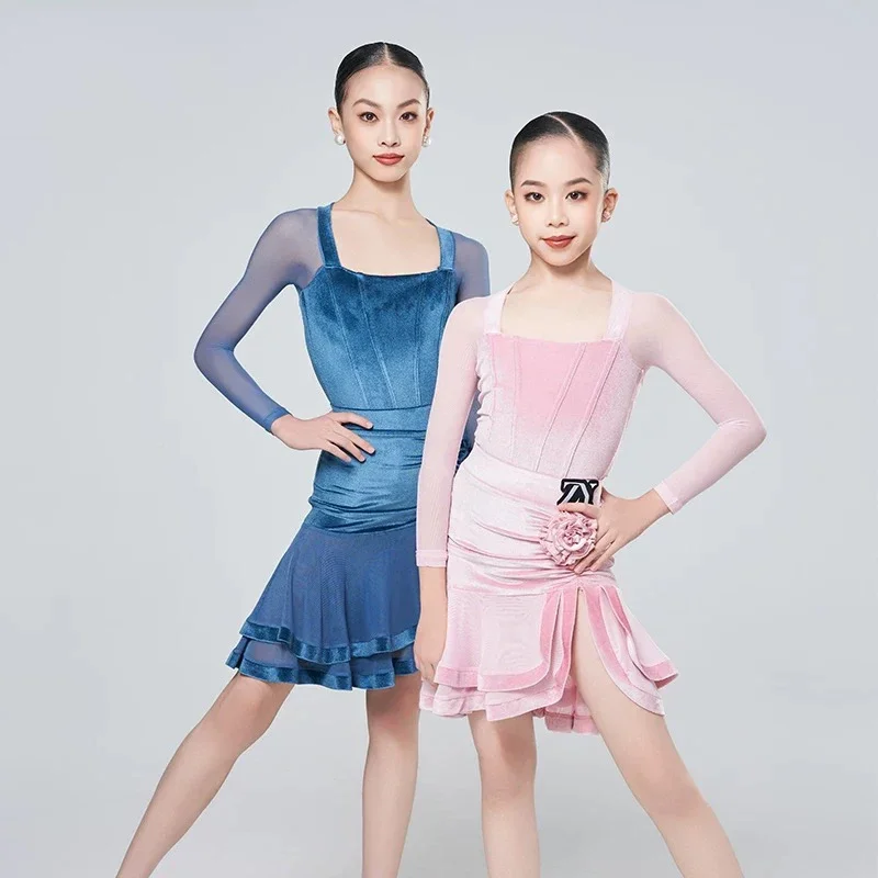 yesGirls Latin Dance Costume Blue Gray Pink Velvet Dress Performance Dress Sets Kids Ca Cha Rumba Dance Competititon Dress DNV22