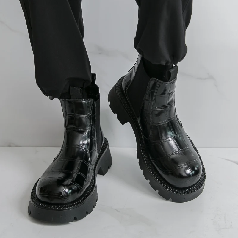 メンズチェルシーブーツ PUレザー ハイカット 両サイドゴム 厚底 無地 おしゃれ ビジネスブーツ