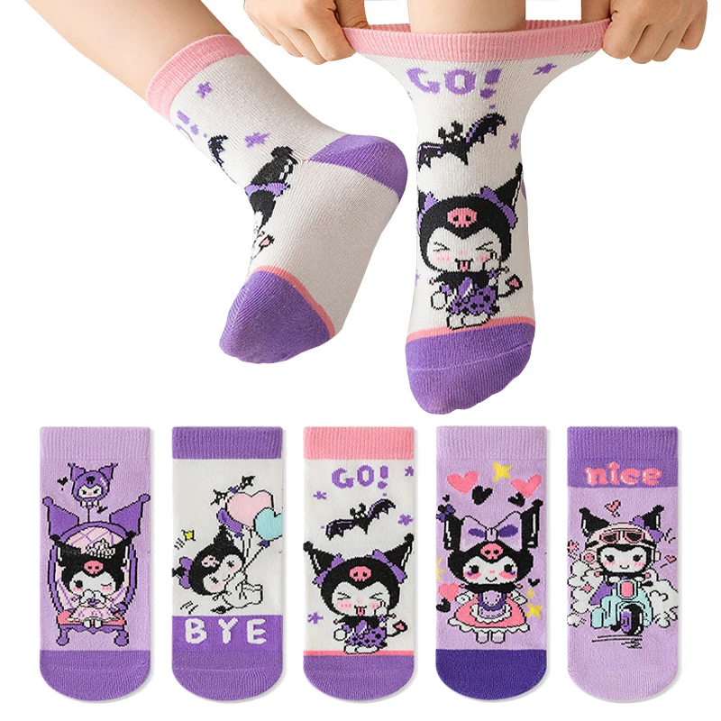 5 paires Sanrio cannelle Kuromi Kawaii printemps et automne dessin animé moyen Tube chaussettes pour filles garçon enfants mi-mollet coton chaussettes