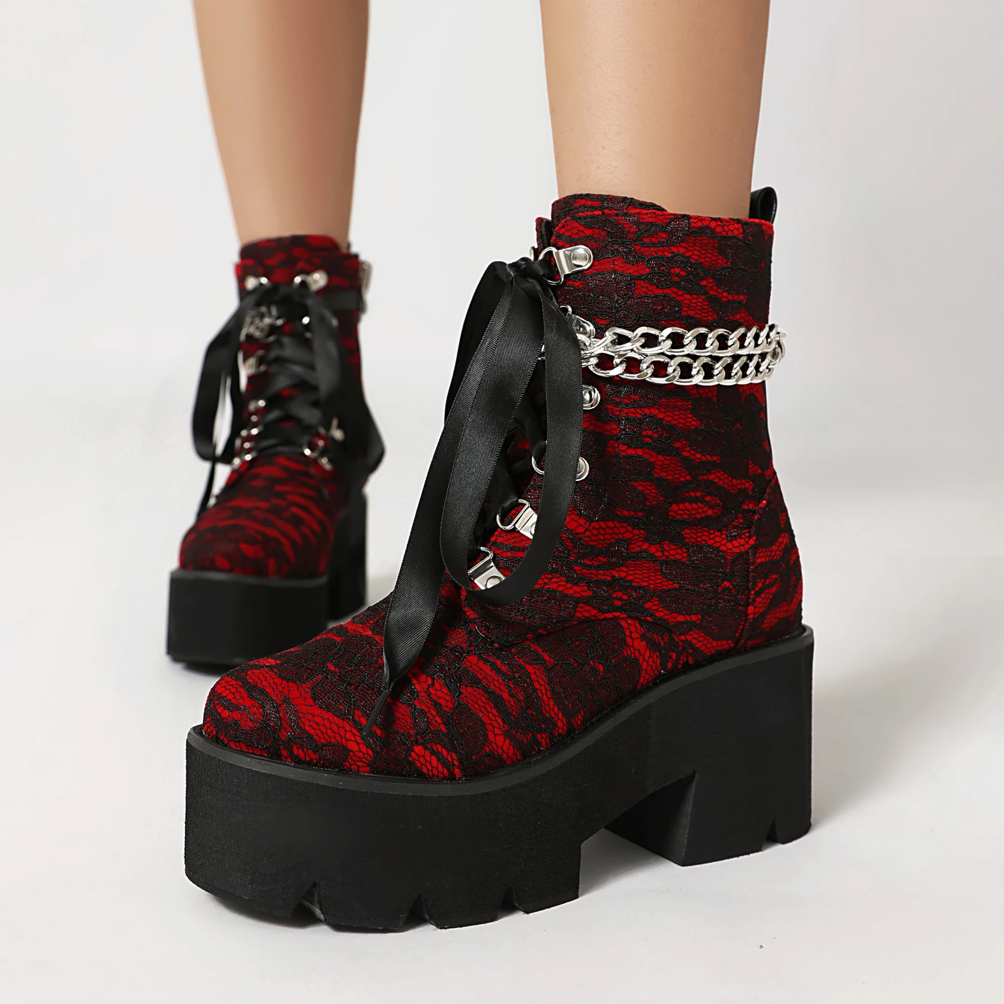 

Women's Ankle Boots Punk Balck Red Winter Platform Boots Chain Decor Comfy Wedges Shoes Lace Floral Patchwork PU Footwear