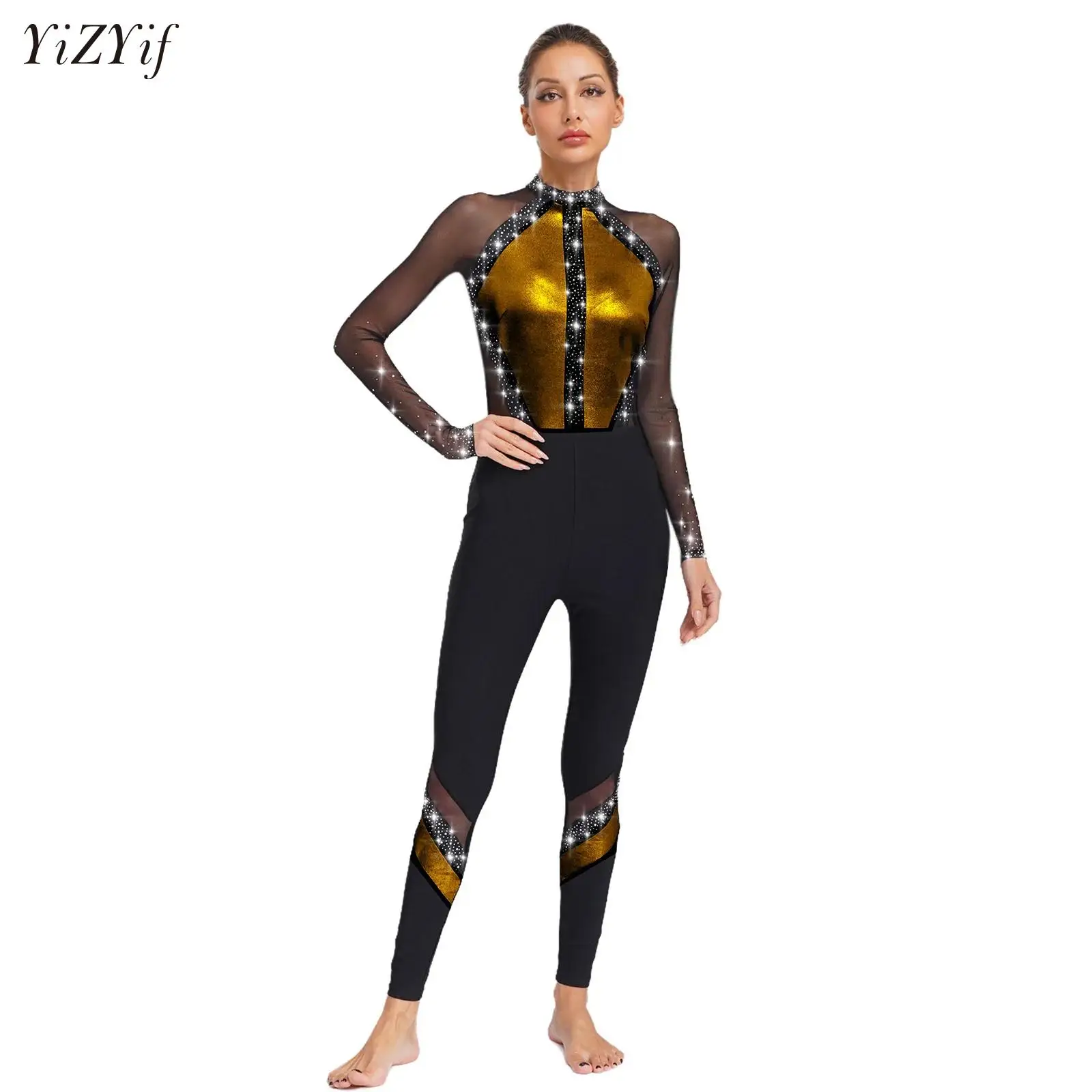 

Women Rhinestones Ballet Dance wear Jumpsuits Sheer Mesh Full Body Unitard Stage Perforance Halloween Costumes Cosplay Suits