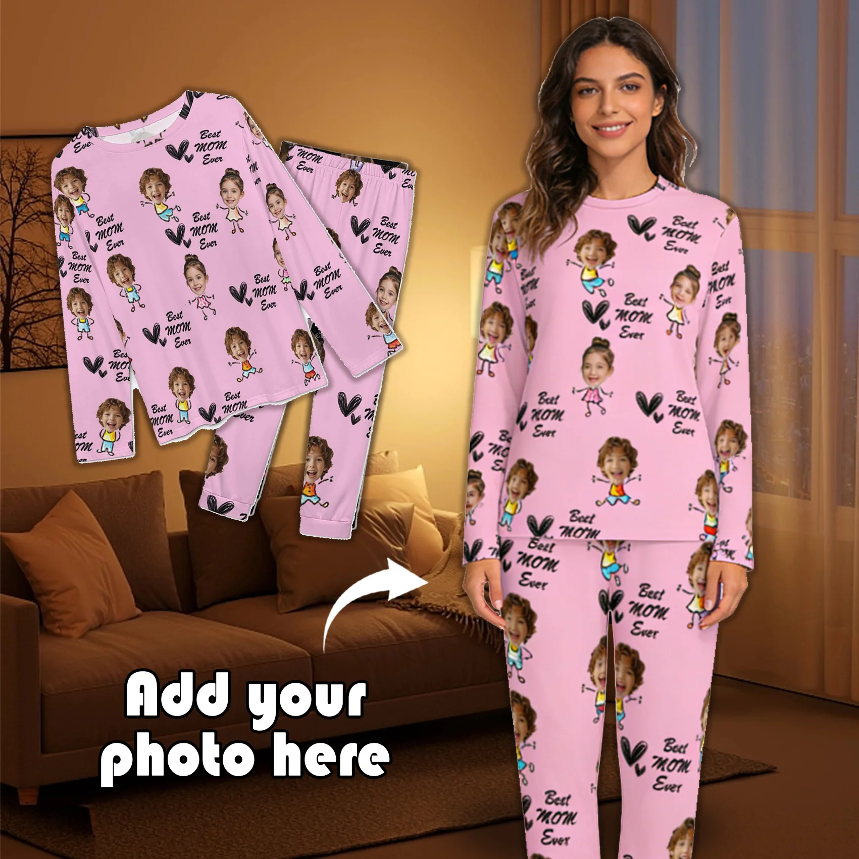 

Пижамный комплект с круглым вырезом на заказ, персонализированные изображения и текст, подарки для пар, связки, друзья, домашние животные, семья