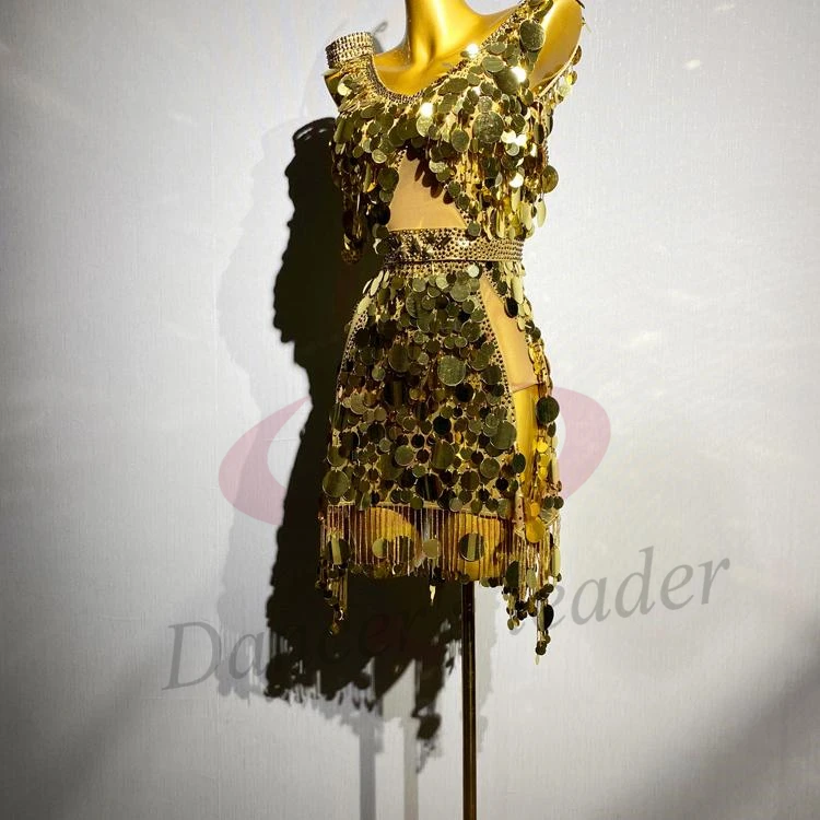 Sukienka do tańca latynoamerykańskiego dla dorosłych i dzieci, zdobiona kamieniami AB, ekskluzywna, szyta na miarę, złota spódnica z cekinami i frędzlami, precyzyjnie wykonana odzież damska do tanga.