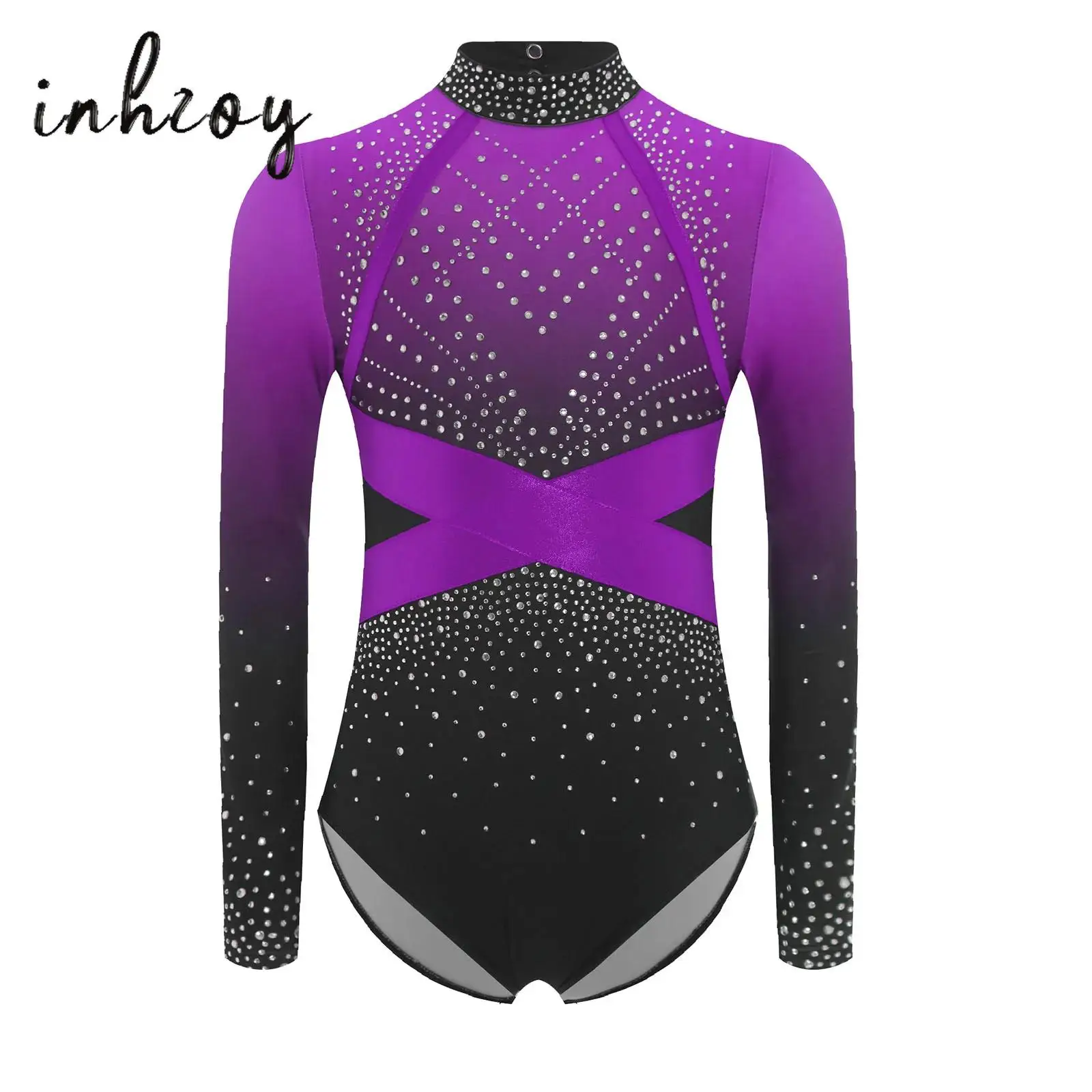 

Lyrical Girls Gymnastics Ballet Leotard Long Sleeve Rhinestone Dance Bodysuit for Ballroom Ballet Latin Performance Jumpsuit
