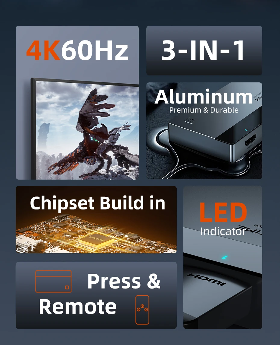 CABLETIME 3-in-1-HDMI-Umschalter 4K 60 Hz HDMI-Splitter für HDTV Xiaomi Mi Box PS5 3-in-1-Ausgang HDMI-Schalter für Laptop MacBook – Detail 2