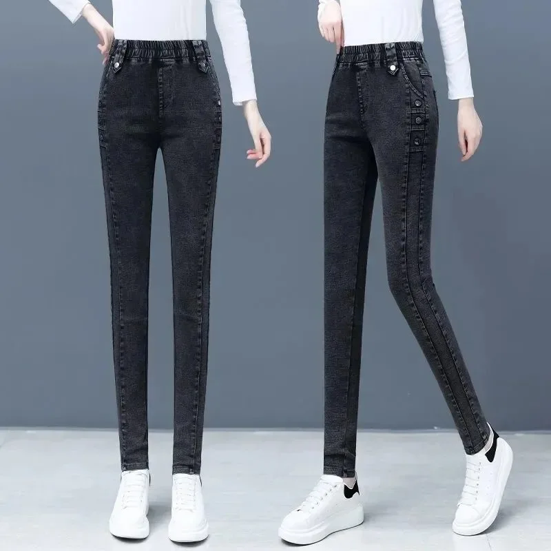 Women High Waist Skinny Pencil Jeans Korean Stretch Vaqueros Casual Streetwear Slim Denim Pants Button Pantalones Vintage Jeansy