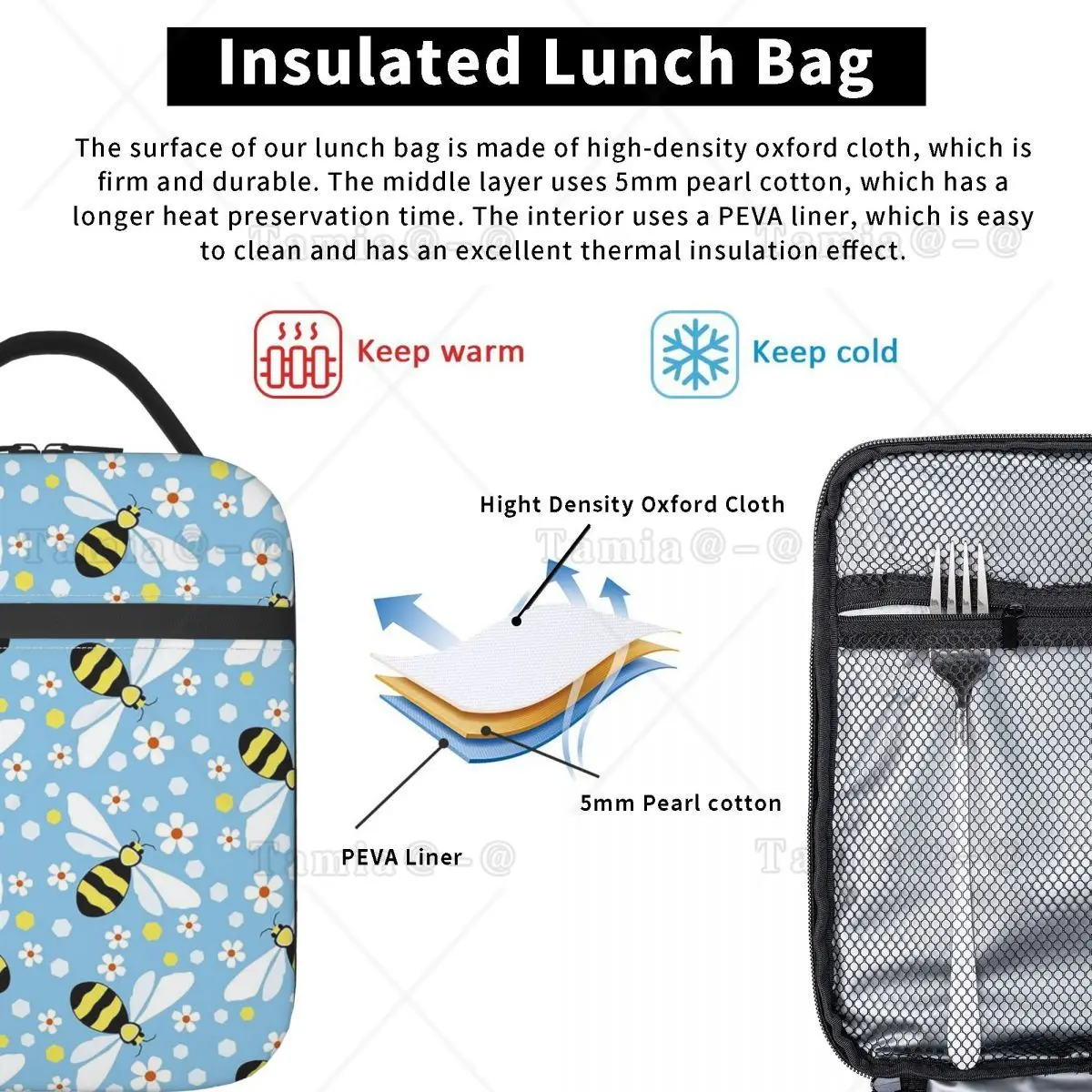 Cartoon Bee And Daisy In Blue Background Insulated Lunch Bag for Women Children Portable Food Boxes Thermal Lunch Box Tote