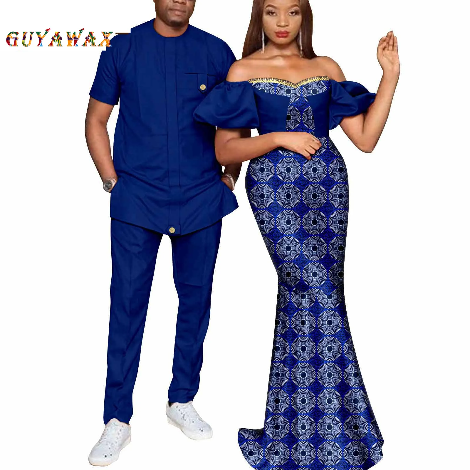 African Clothes for Couple Dashiki African Women Print Long Dresses Match Men Outfits Bazin Top Shirts and Pants Sets