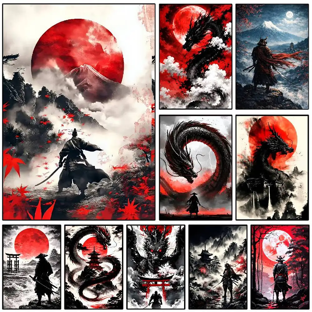Japanese Samurai And Dragon Canvas Wall Art Ukiyo-e Style Bushido Warrior Torii Gate Print Abstract Poster Vintage Home Decor