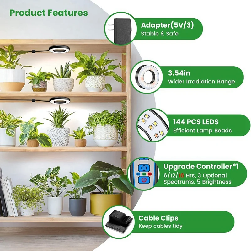屋内植物用成長ライト、144 LED フルスペクトル LED 植物成長ライト、5V/3A アンダーキャビネット成長ランプ-AT64