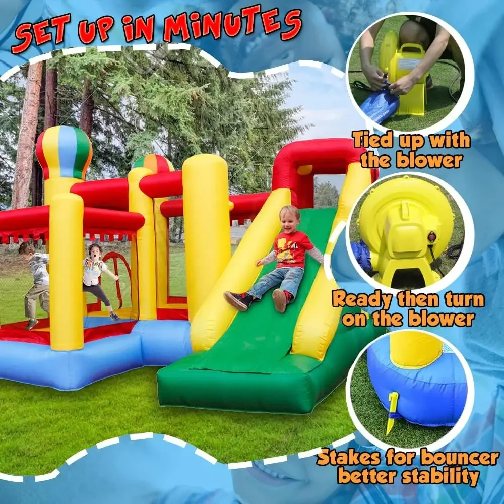 Inflatable Bounce House,6 in 1 Bouncy Castle with Blower for Kids,Blow Up Jumping Bouncer with Slide,Climbing Wall,Ball Pit,Bask