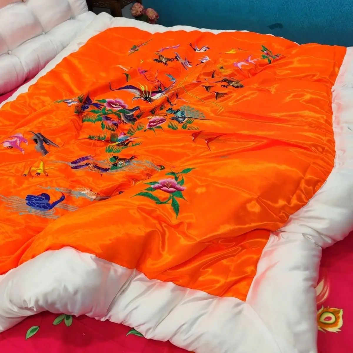 No Cotton Filling Glossy satin silk cover with zipper Floral print bedspread home bedding
