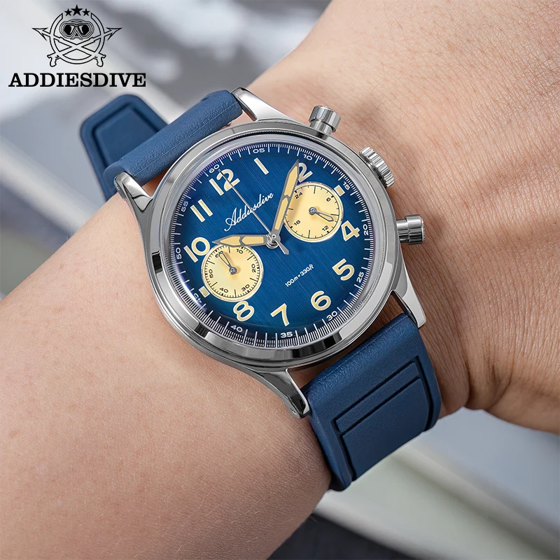 

ADDIESDIVE 2025 New Men Watch Bubble Mirror Glass 316L Steel AD2516 Blue Luminous 10Bar Waterproof Chronograph VK64 Quartz Watch