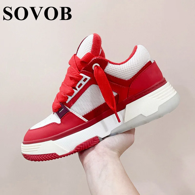 Flat Heel Thick Soled Real Leather Casual Shoes Round Toe Lace Up Breathable Sneakers Splicing Mixed Color Tennis Shoes Unisex