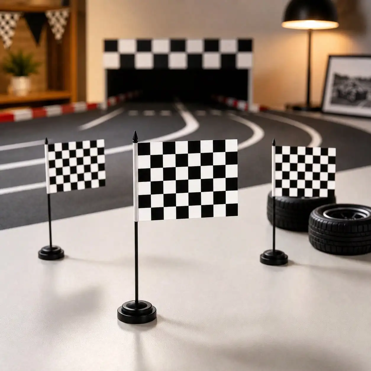2PcS Black White Checkered Racing Desk Flag Mini Table Flag with Stand for Race‑Car Theme Boys Birthday Party Tabletop Decor