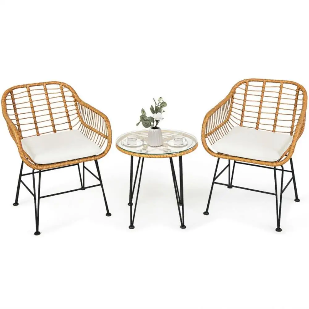 

3 Pieces Rattan Furniture Set With Cushioned Chairs And Glass Table For Patio Porch Balcony Outdoor Relaxation Modern Design