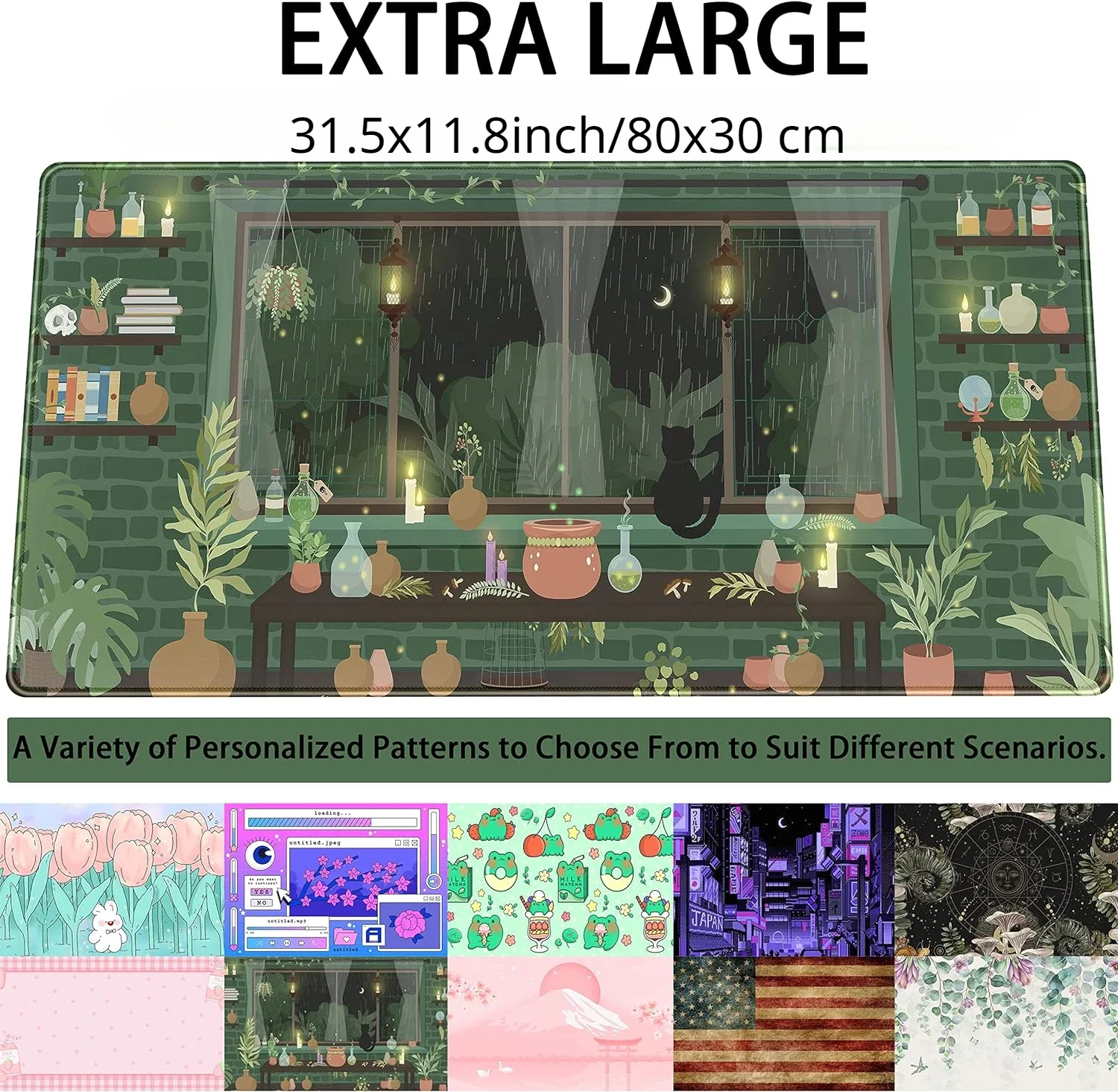 لطيف ليلة ممطرة النباتات الخضراء وسادة مكتب أنيمي القط الأسود Kawaii كبيرة الألعاب ماوس الوسادة ضوء القمر اليراعات ماوس للهدايا المنزلية