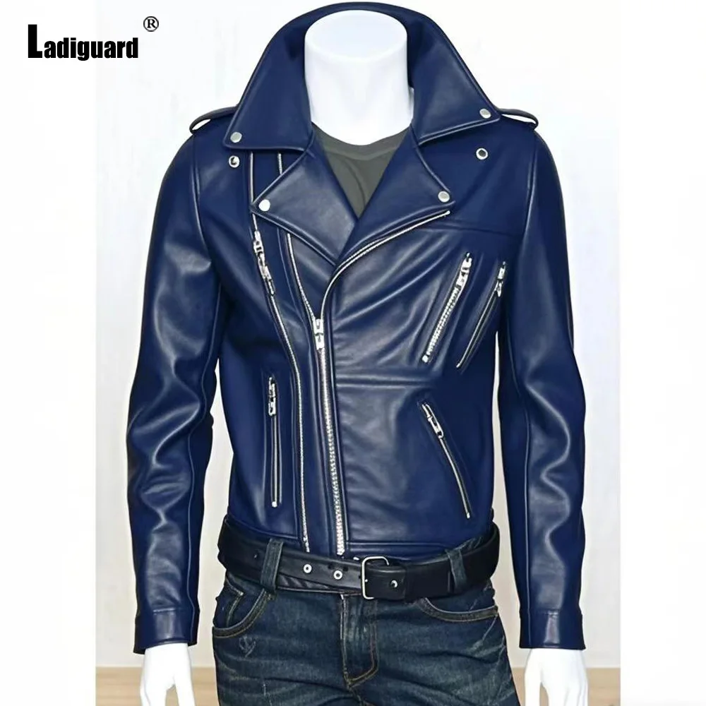Plus Size Mens Fashion Rock Style PU Leather Jackets Sexy Multi-zippers Grunge Faux Leather Motorcycle Jacket Outerwear Blue Red