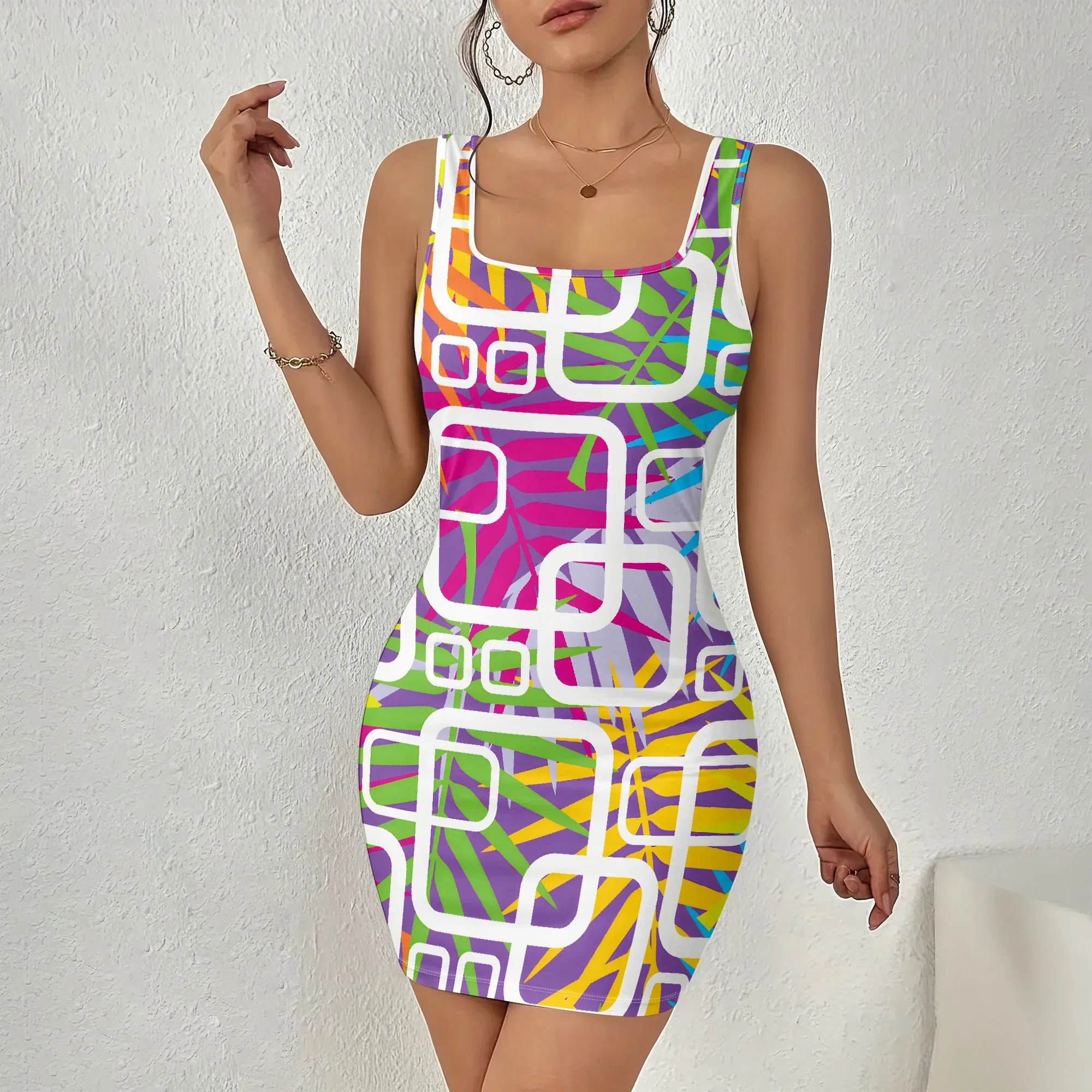 

Vibrant Print, Sleeveless Mini Dress, Abstract Geometric Pattern, Retro Style, Summer Fashion, Party Wear, S-2XL