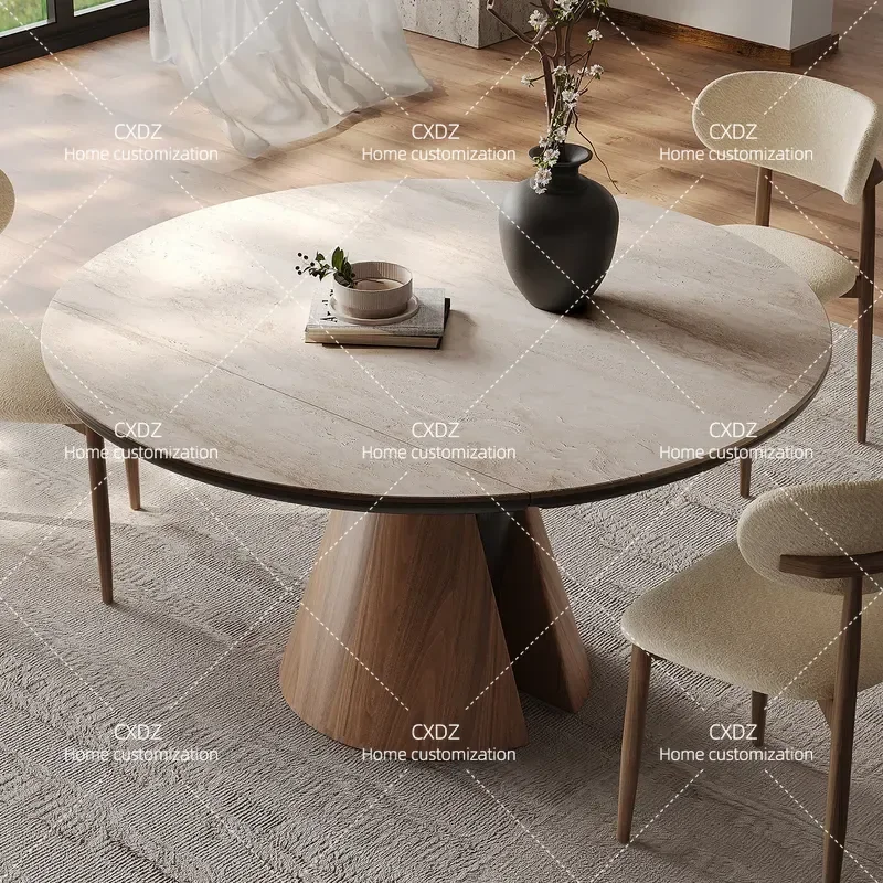 Solid Wood Round Dining Table Retractable Square and Round Dual Purpose Modern Simple Light Luxury Rock Slab Top for Small
