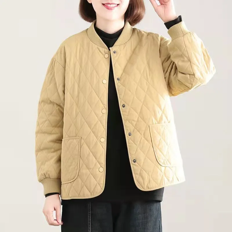 2023 New Cotton Clothing Women Winter Diamond Jacket Cotton Light and Thin Small Cotton Jacket Mother Short Solid Color Overcoat