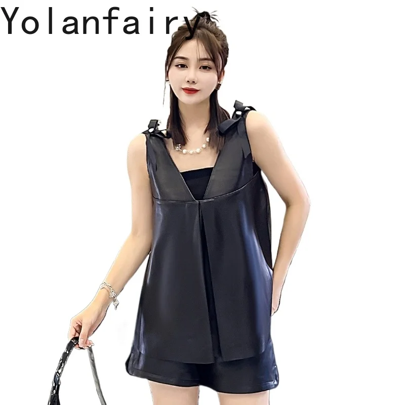 YOLANFAIRY 2026 Black Genuine Sheepskin Vest Women Korean Loose Short Sleeveless Waistcoat Real Leather Versatile Outer Camisole