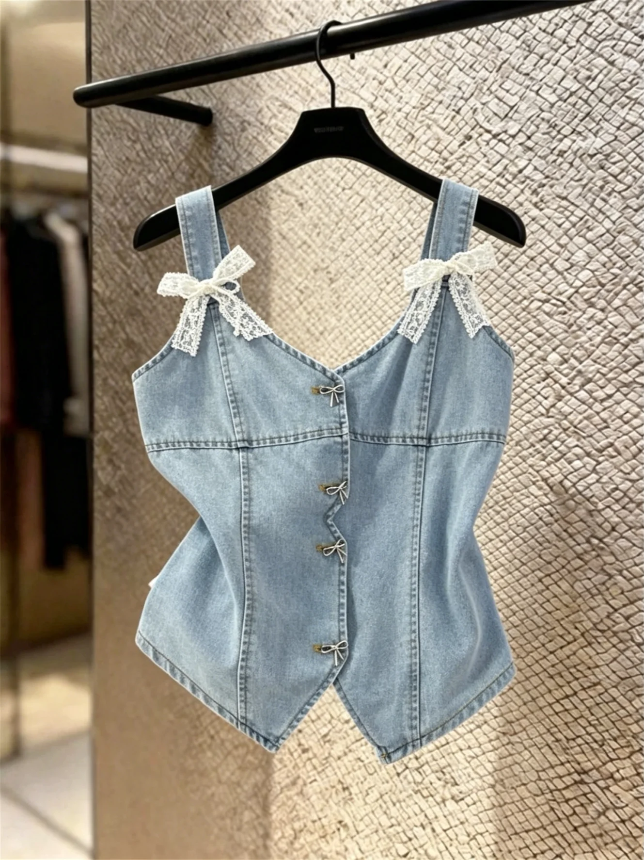 Sexy Slimming V-Neck Denim Halter Neck Women's Shirt with  Knot Sweet And Spicy Girl Folded Hemline Casual Wear