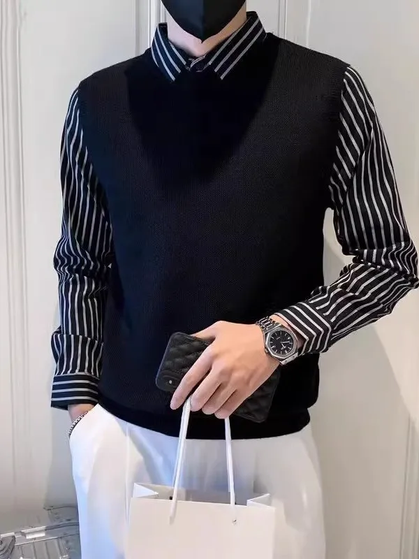 

Мужской приталенный свитер с длинным рукавом и воротником, в полоску, модный, повседневный, теплый, зимний, из трикотажа средней плотности