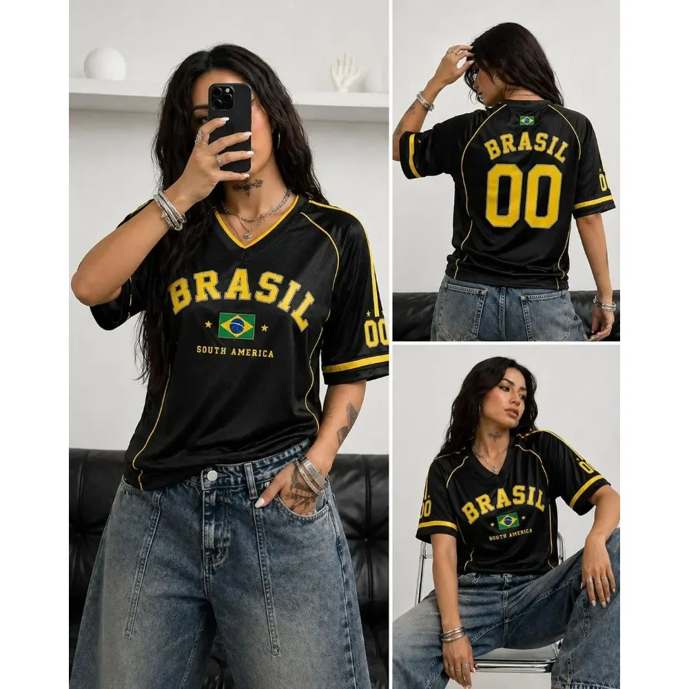 2026 New Women's Brazil 00 Print V-Neck T-Shirt Summer Breathable Mesh Quick Dry Outdoor Sports Short Sleeve Loose Casual Tops