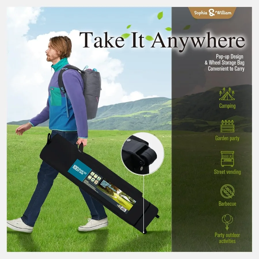 Tienda de campaña con dosel para exteriores, refugio emergente de configuración rápida para una persona de 10x10 pies con patas rectas de alta resistencia, incluye 4 cuerdas tipo sacos de arena