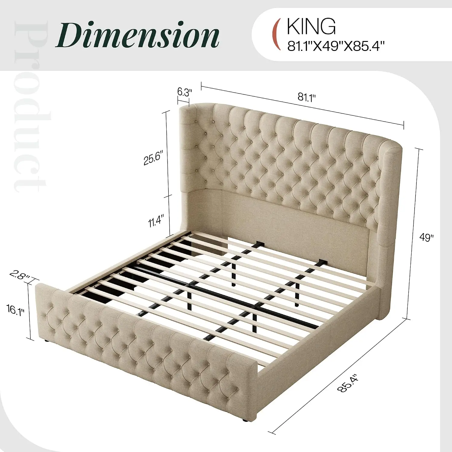 Upholstered Wingback King Bed Frame, 49