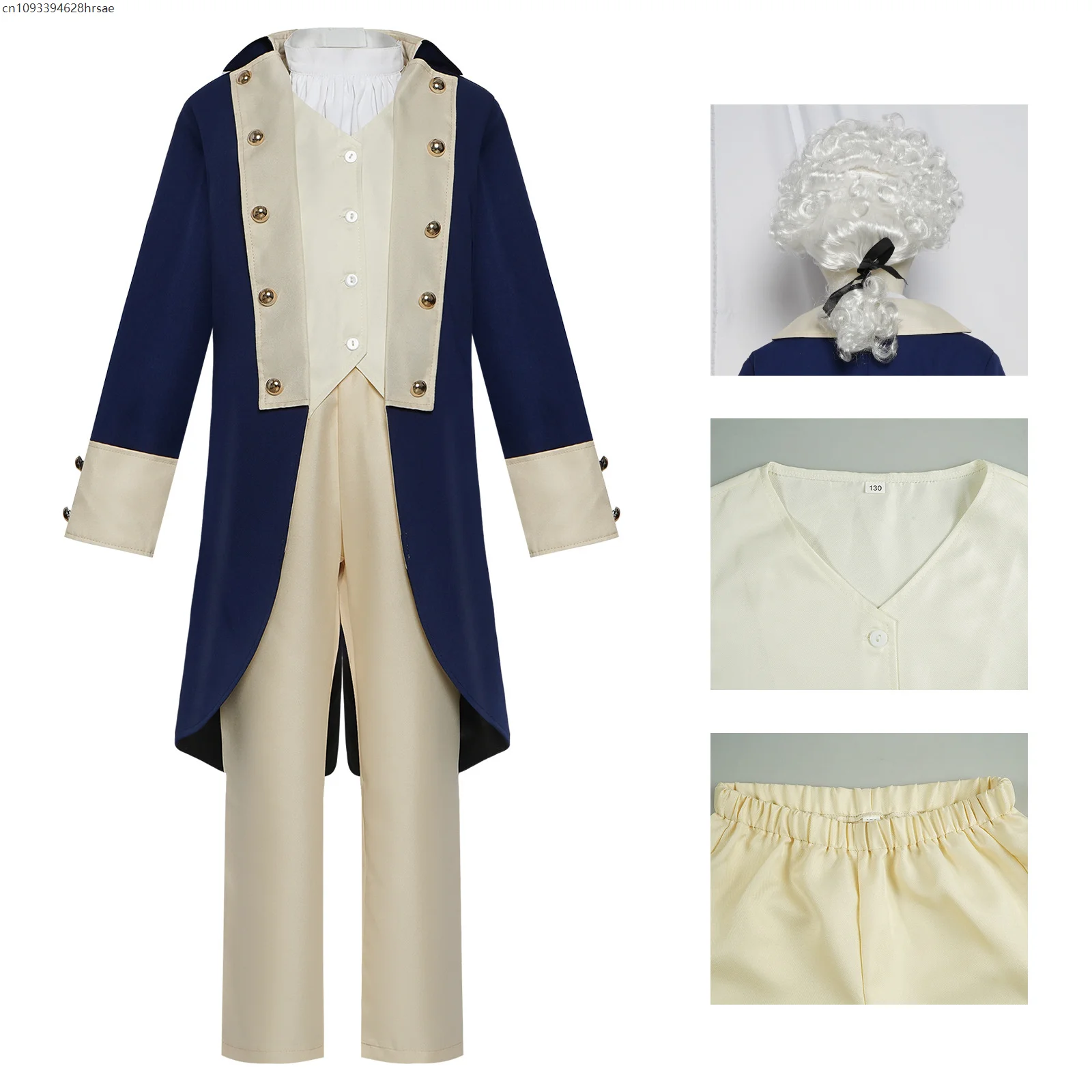 

Kid Boys 18th Century Regency Medieval Cosplay American Colonial Costume Uniform with Wig for Halloween Party