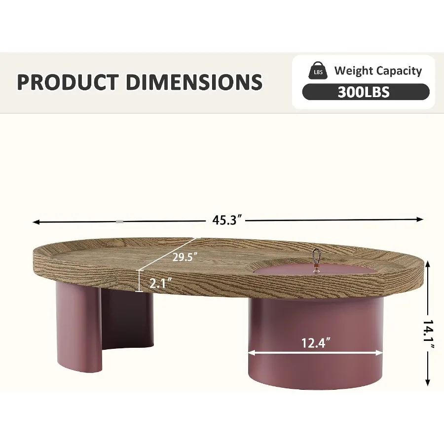 Oval Coffee Table for Living Room, Walnut Finish Top, Burgundy Metal Base, Hidden Storage Compartment