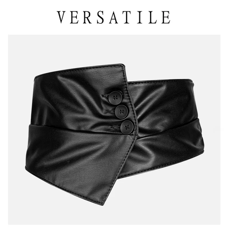 Western Wide PU Leather Three Buttons Blak Women Waistband Belt Fashion Dress Skirt Sweater Cummerbund for Ladies