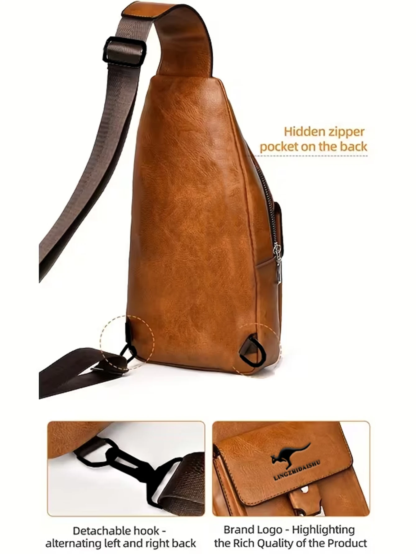 Men's PU Leather Chest Bag with Adjustable Strap Waterproof Multi-pocket Sling Bag for Travel Outdoor Daily Use