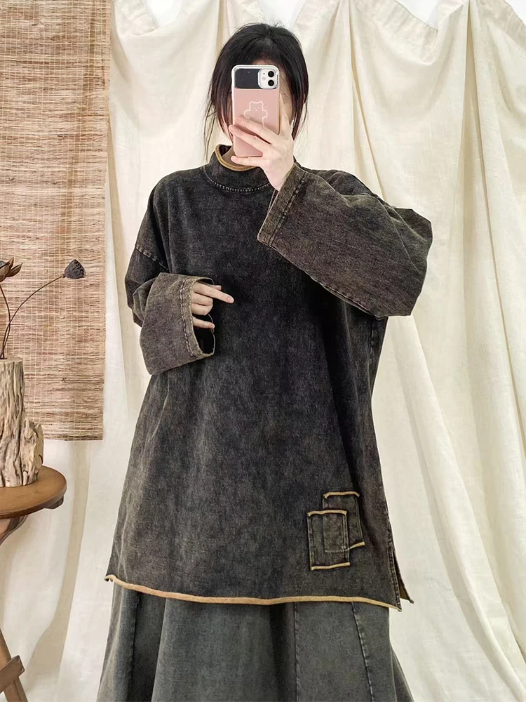 Amax luluE Spring Clothes Women Vintage Turtleneck Long Oversized Denim T-shirts Fashion Ladies Loose Casual Classic Cotton Tops