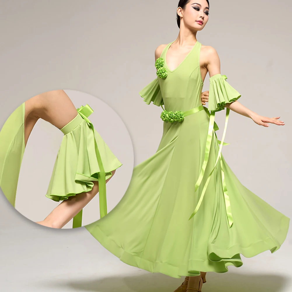 Ballroomdansjurk Wals Oefen Tango Zwart Mouwloos Moderne Danswedstrijd Jurk Kampioenschap Citroengroen V-hals