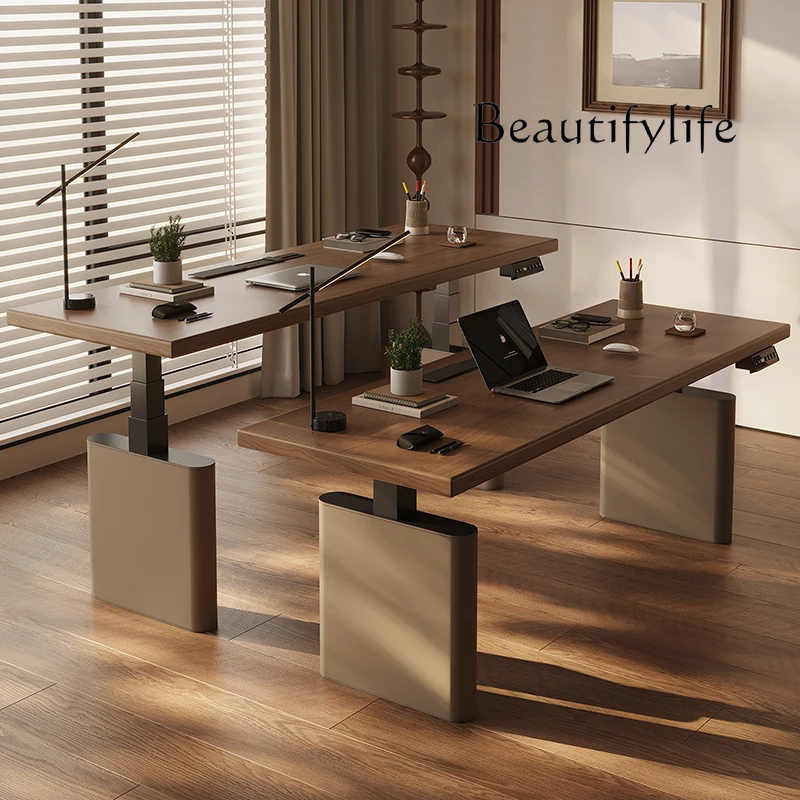 

Italian solid wood intelligent electric lifting computer desk double motor walnut home desk desk