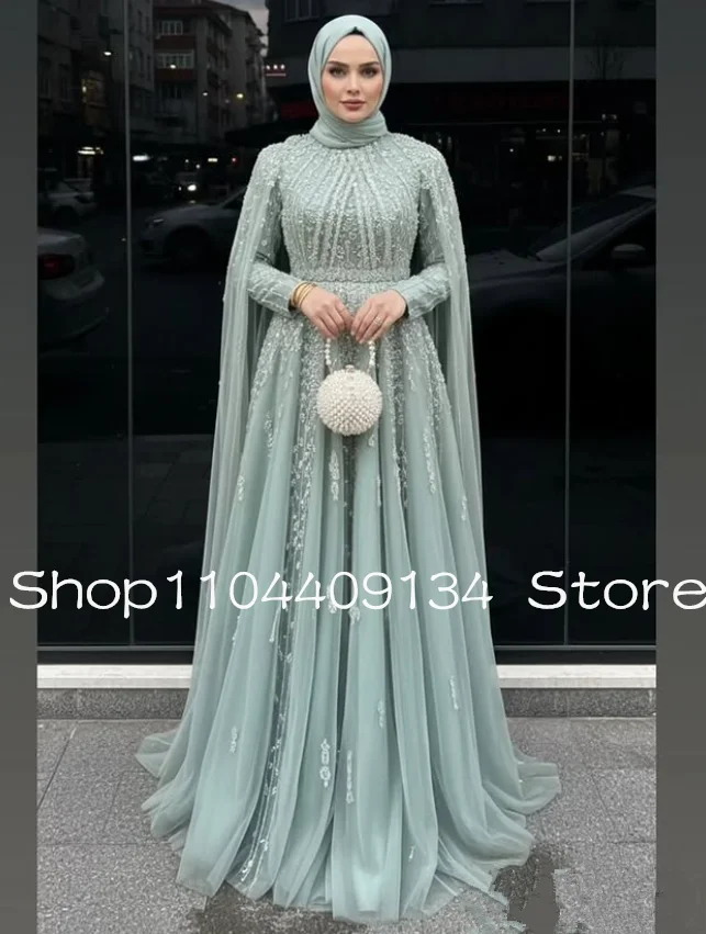 Mint Green Sparkly Muslim Evening Gala Gown with Sleeve Cape High Neck Hijab Ruched Caftan Kaftan Prom Dress Customsized