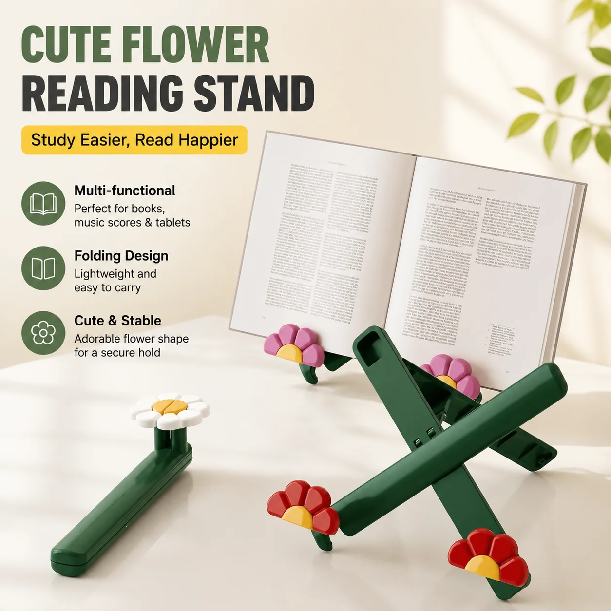 Multi-functional Cute Flower Learning Reading Bookshelf Portable Folding Display Rack for Book Music Score Tablet Plastic