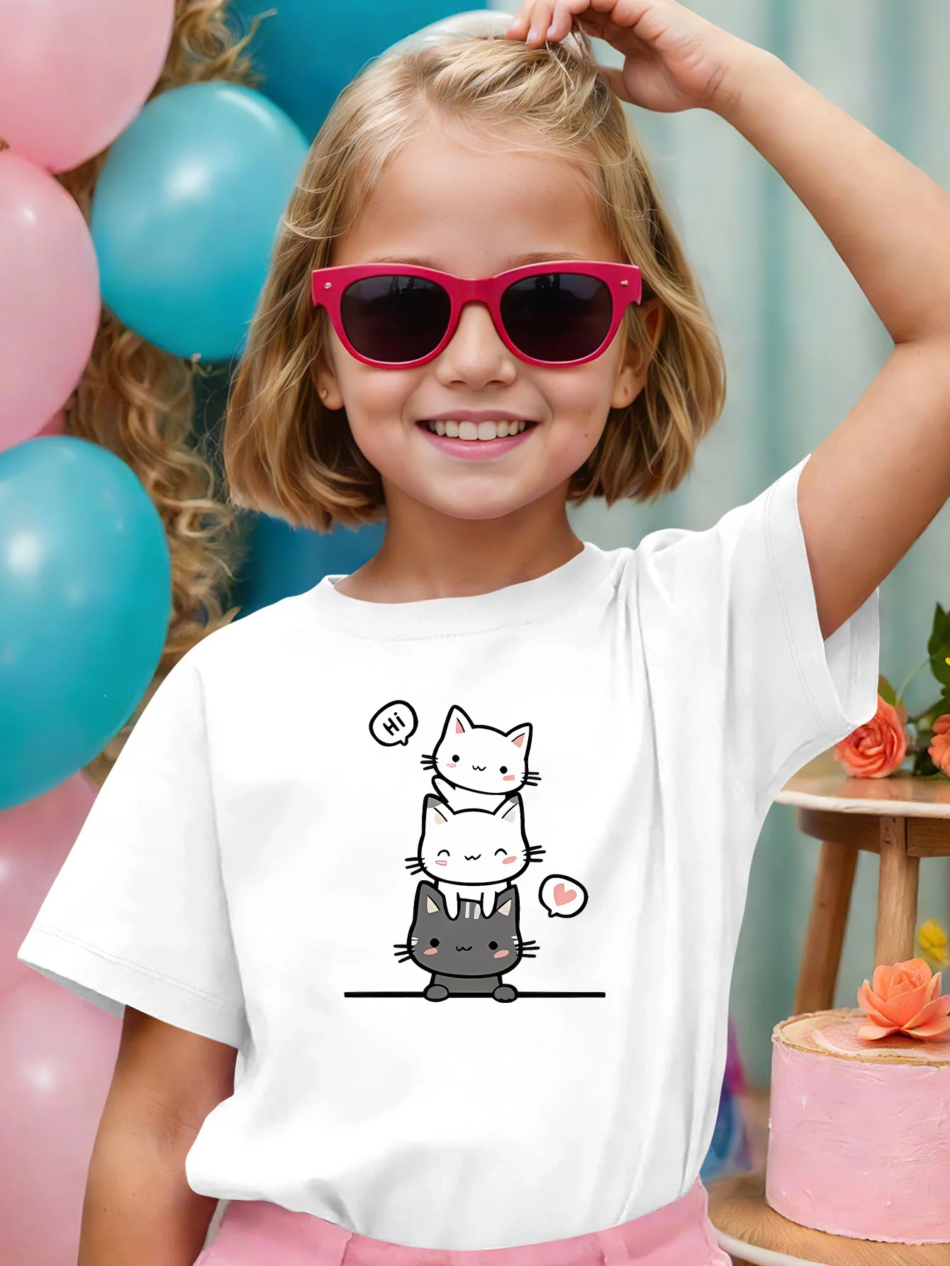 Cute Stacked Three Kittens Print Graphic Kids Tee Boys Girls Family Matching Cotton Crew Neck Short Sleeve Soft Summer Tee